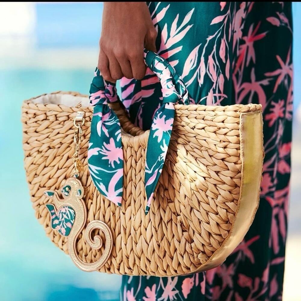 Lilly‎ Pulitzer Monkey Business Straw Tote Bag Silk Scarf Monkey Charm